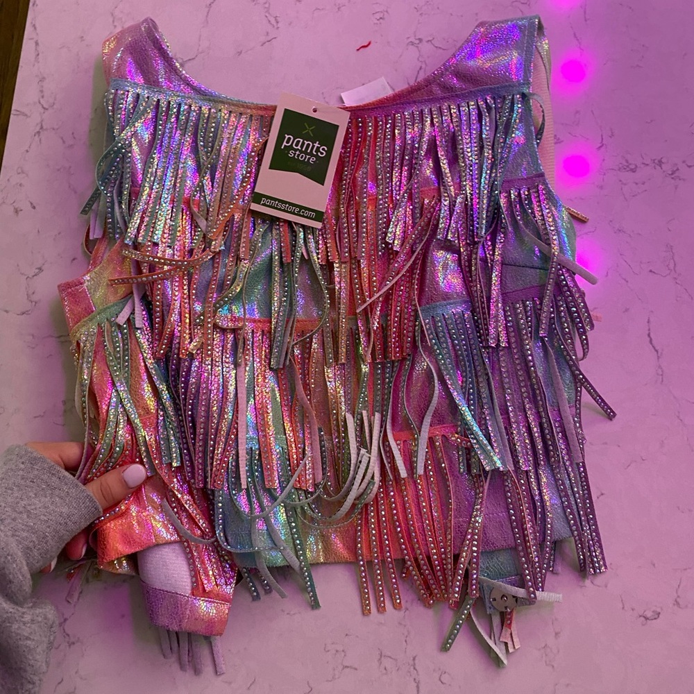 COPY - Queen of sparkles space cowgirl leather crop tank top fringe glitter rave